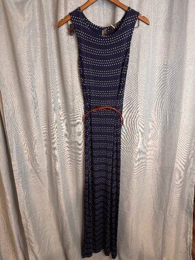 Tart Navy Blue White Polka Dot Sleeveless Maxi Dress Small w/ Belt